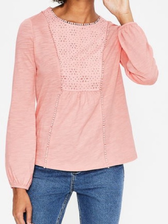 Boden Tops - Boden Cleo Broderie Slub Jersey Top Pink Eyelet Cotton Lace Long Sleeve US 6R